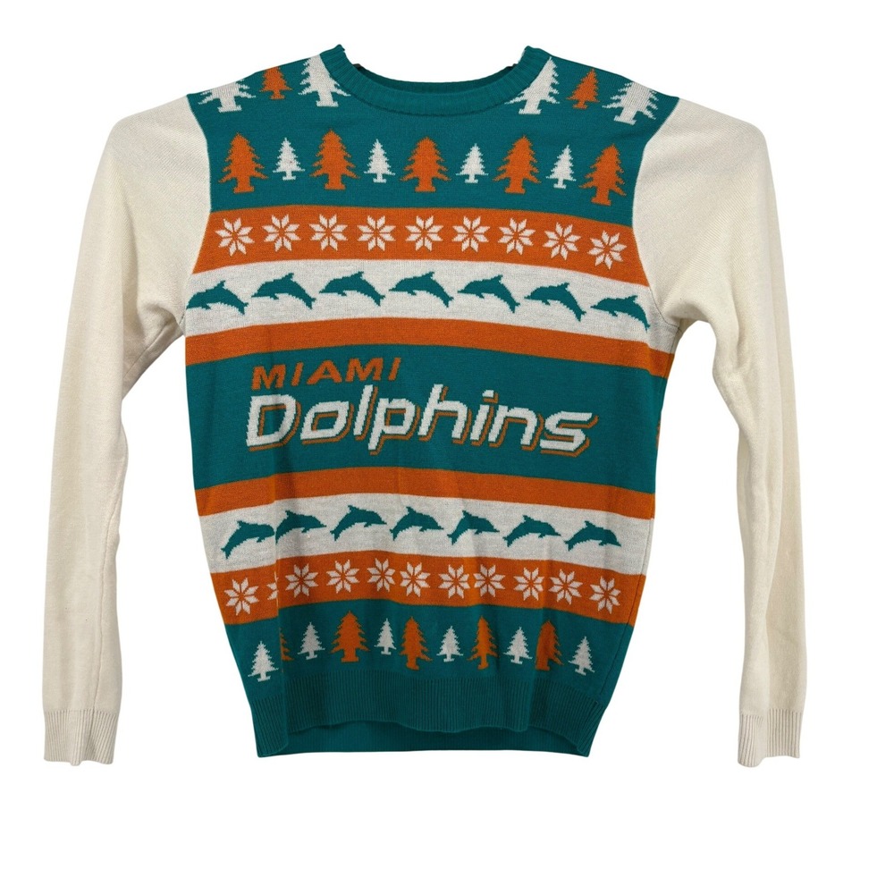Forever Collectibles Miami Dolphins Ugly‎ Christmas Sweater Large Teal Nfl